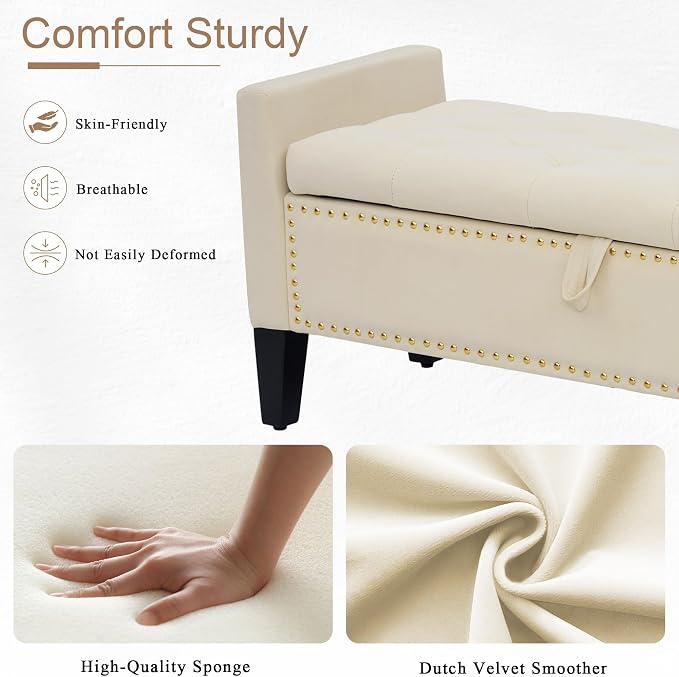 Velvet Ottoman with Storage, 46'' Upholstered Button Tufted End of Bed Bench with Arms, Modern Storage Bench for Living Room, Bedroom, Entryway, Beige