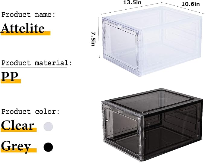 Attelite Shoe Storage Boxes Stackable Clear Shoe Organizer,6 Pack Black | Clear Shoe Box for Entryway Closet,Fit up to Men's Size 12,Magnetic Door,Tool-free Assembly,Drop Front Shoe Box for Sneaker