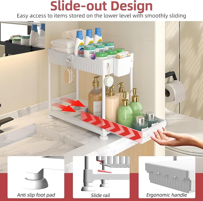 Sevenblue 4-Pack 2-Tier Under Sink Organizer with Pull Out Drawers | Multi-use kitchen & bathroom storage. Includes hanging hooks and cups. White, space-saving cabinet design. 12.8 Inch