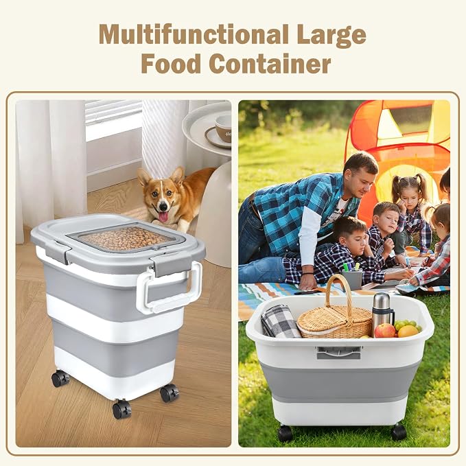 Rice Storage Container, Collapsible Airtight 10-40 Lb Rice Storage Container, 25lb Pet Dog Food Storage Container, Rice Dispenser Bin with Cup and Scoop for Flour Cereal Pasta Grain, Cat Bird
