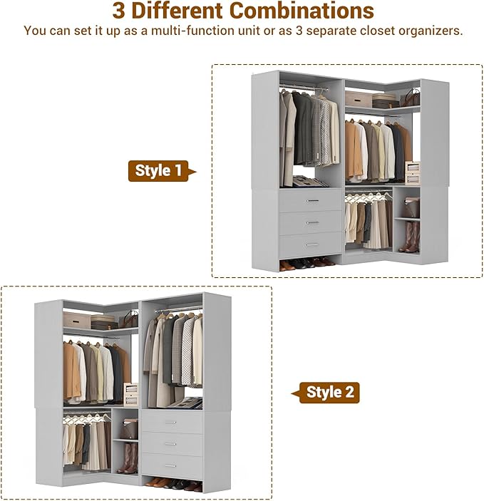 Aheaplus Closet System with 3 Drawers, 2 Hanging Rods & Corner Tower, Corner Closet System with Hanging, L-Shaped Walk-In Wardrobe Organizer, 1300+ lbs Capacity, Set of 2, Grey