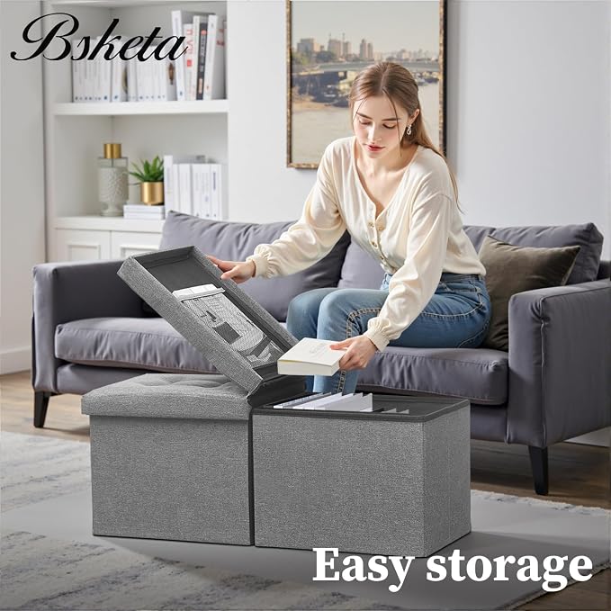 Bsketa Storage Ottoman Bench, 34" Folding Linen Foot Rest Stool, Dark Gray | Large Ottoman with Storage, Thicker Foam Padded Seat, Livingroom, Dorm, Bedroom, Easy to install, 86L,34 x 13 x 13in