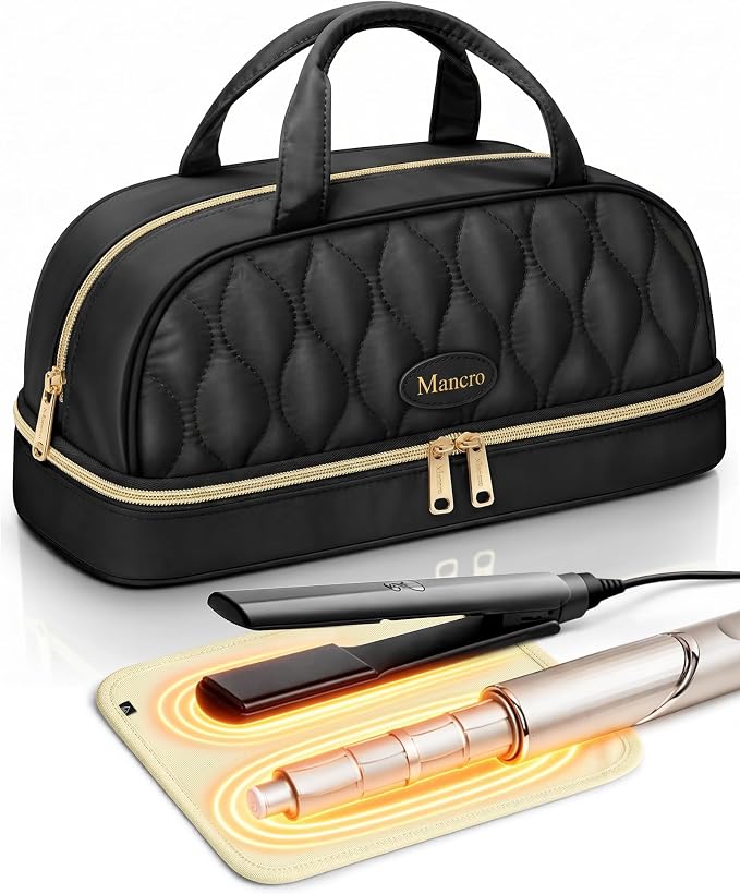 Mancro Carrying Case for Shark FlexStyle, Quilted Hair Tools Travel Bag | with Heat-Resistant Mat, Travel Case for Dyson Airwrap & Shark FlexFusion, Hair Dryer Organizer for Women, Black