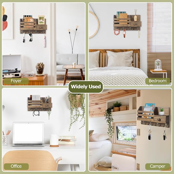 Key Holder Wall Mount, Wooden Key and Mail Organizer, Brown | 2 Mount Options, Includes 8 Hooks, Fence Mail Slot, Small Drawer and Shelf, for Entryway, Hallway, Doorway, Living Room, RV