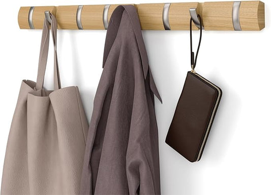 Umbra Flip Coat Rack, Wall Mount 8-Hook, Space Saving, Natural/Nickel | Real wood and steel build, retractable hooks fold flat, holds coats bags and scarves, easy install