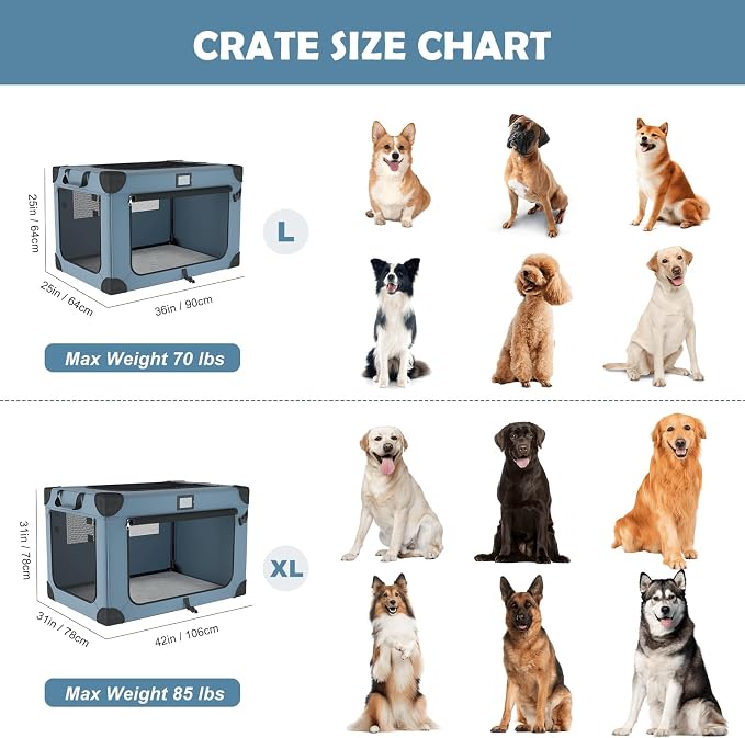 42 Inch Foldable Dog Travel Crate Blue with Sturdy Metal Frame | Chew-Proof Mesh Window,Soft Blanket and Foldable Bowl,Waterproof and Easy to Clean,Portable for Camping,Signature card