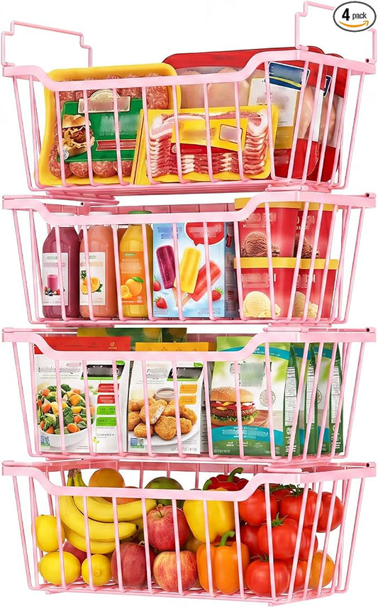 Goovilla Freezer Organizer Bins for 5-7 Cu.FT Chest Freezer, 4 Pack Pink | Foldable Handle Stackable Freezer Baskets, Coated Metal Freezer Storage Bins with Better Space Utilization, Deep Organization