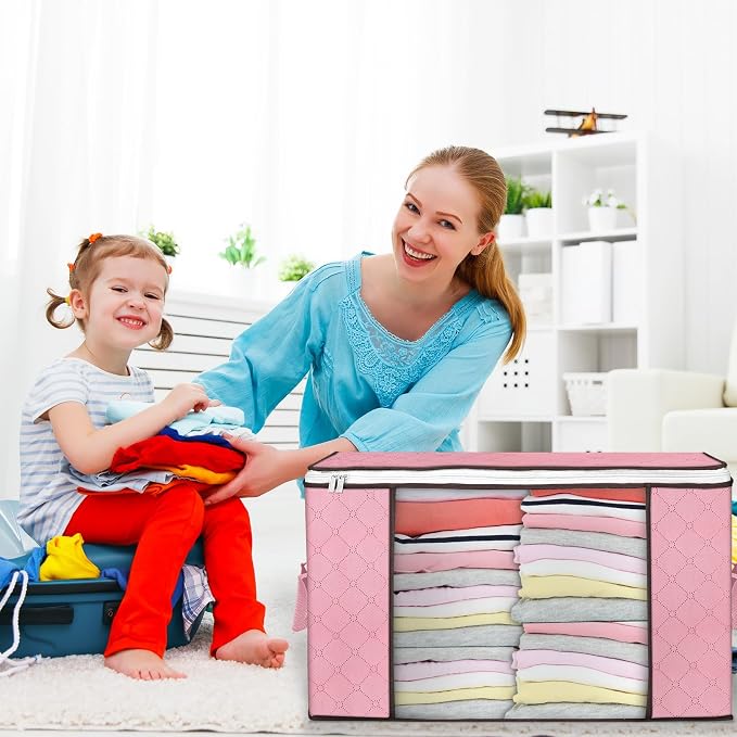 90L Large Storage Bags, 6 Pack Clothes Storage Bins Closet Organizers | Foldable Storage Containers, with Reinforced Handle, for Clothing, Blanket, Comforters, Bed Sheets, Pillows and Toys,Pink