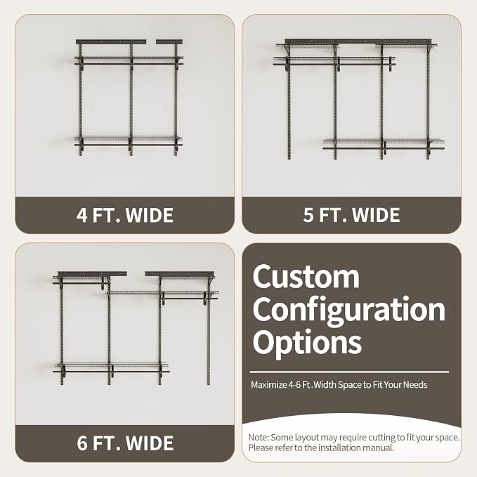 PROWORX 4-6 Ft. Charcoal Gray Custom Wire Closet Organizer System Kit | Adjustable Wall Mounted Metal Wire Closet Shelving System, Closet Shelves with Hanging Rods for Pantry Laundry Mudroom