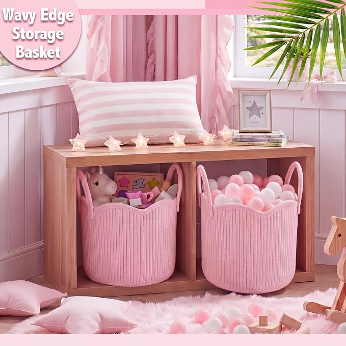 Newtay Pink Scalloped Woven Blanket Basket 12" x 12" x 12" Cotton Rope Laundry Basket Hamper Cute Round Decorative Storage Bin with Handles for Baby Nursery Living Room Bedroom Bathroom