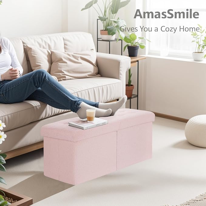 AmasSmile Ottoman Storage Bench, 34" Teddy Velvet Folding Stool Pink | Large Ottoman with Storage, Thicker Foam Padded Seat, Livingroom, Dorm, Bedroom, Entryway, Easy to install, 34 x 13 x 13in