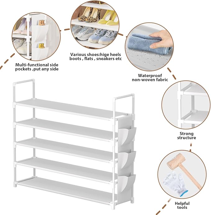 OYREL 5 Tier Shoe Organizer, 33.3in Wide x 11.2in Deep x 35.6in Tall, Black Metal and Plastic Shoe Rack with Side Bag, Holds 20-25 Pairs of Shoes | Closet, Entryway, Garage, Door Entrance, Space Saving Shoes Holder Stand, Sturdy Metal Free Standing She...