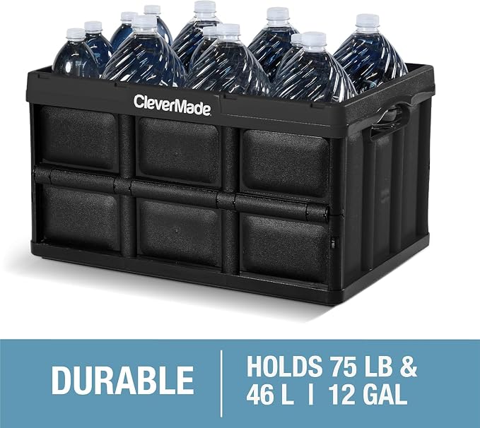 CleverMade Collapsible Storage Bins, 46L, 3 Pack, Stone | Each bin supports 75 lb for groceries, tools, or gear. Interlocking bases stack securely, and the bins fold to 2.75 inches.