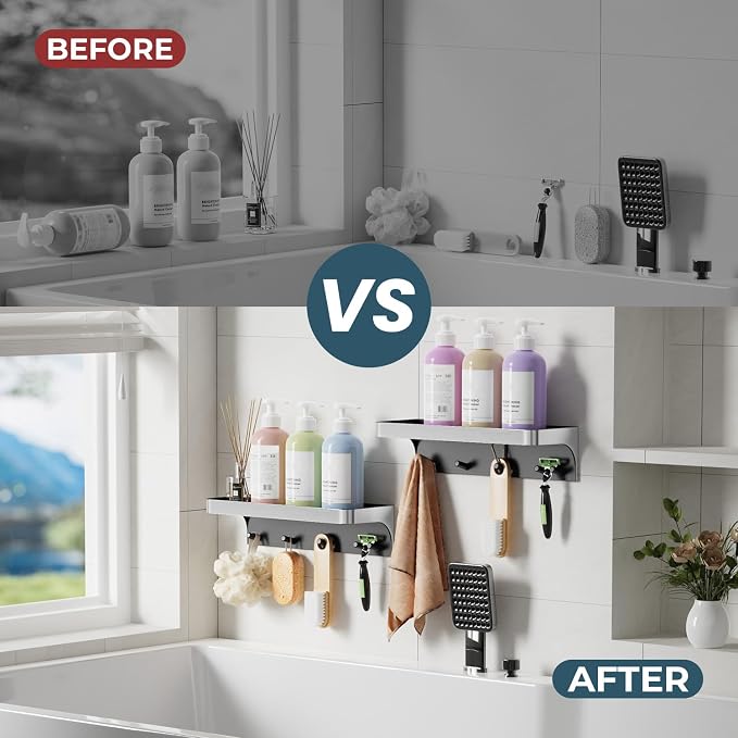 2 Pack Shower Caddy Adhesive with 5 Hooks & Drainage, No-Drill, Silver | Plastic Wall Bathroom Shelf Rack Organizer, Inside Shower Storage Holder for Bath Accessories, Rustproof Bathroom Shelves