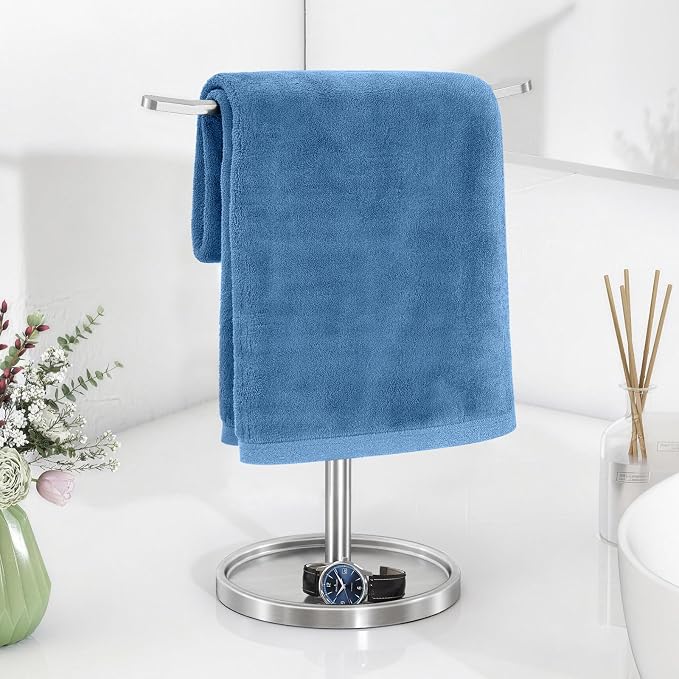 STWWO Hand Towel Holder, Stainless Steel Towel Holder Stand for Bathroom, Kitchen Countertop, T-Shaped Hand Towel Rack Stand, Brushed Nickel