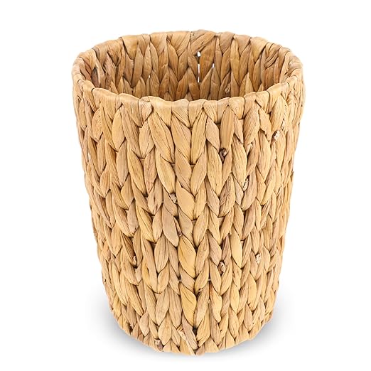 WLLHYF Wicker Waste Basket, Handwoven Water Hyacinth Trash Can Small Bathroom Trash Can Boho Woven Decorative Office Garbage Cans for Bedroom Bathroom Kitchen Living Room