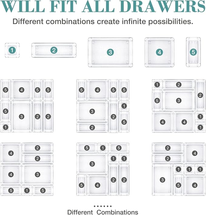 StorMiracle 13 PCS Drawer Organizer Set, 5 Varied Size Bathroom and kitchen Drawer cabinet organizer Trays, Clear Storage Bins for Makeup, Jewelry, Utensils and Gadgets