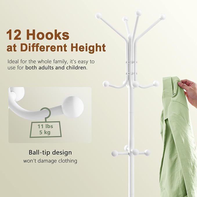 Hoctieon Coat Rack Freestanding, Coat Tree with Umbrella Holder, Metal Coat Rack Stand with 12 Hooks, Standing Coat Hanger Stand, Umbrella Stand for Entryway, Hat Rack Stand for Home Office, White | Metal Coat Rack Stand with 12 Hooks, Standing Coat Ha...