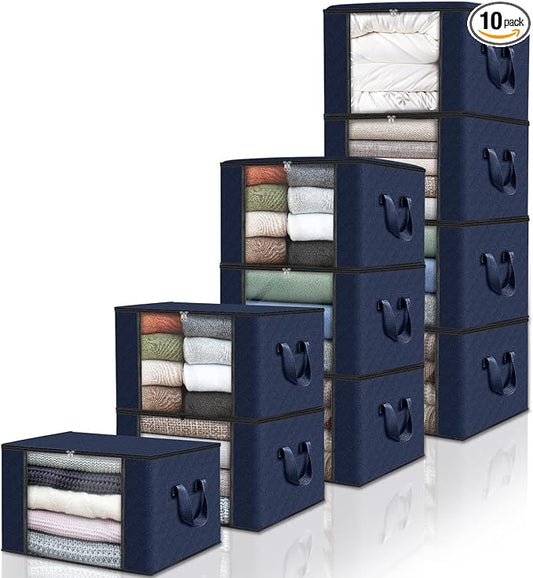 Fab totes Storage Bags,Clothes Blanket Storage Bins Foldable Closet Organizers with Reinforced Handle for Home Dorm Storage and Organization,Fabric Bags for Organizing Sheets,Clothing (Blue,10 Pack)