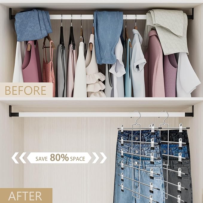 Pants Hangers with Clips,Space Saving Hanging Closet Organizer-6 Tiers Skirt Hangers with 360° Swivel Hook,Closet Organizer-Clothes Hangers- College Dorm Essentials Apartment Essentials- 6 Pack