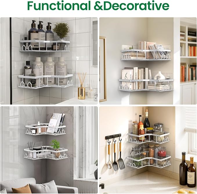 Adhesive Shower Caddy, 2 Pack Corner Bath Organizer, Rustproof Stainless Steel Shower Shelves with Large Capacity, No Drilling Shelves for Bathroom Storage, Home, Kitchen Décor (White).