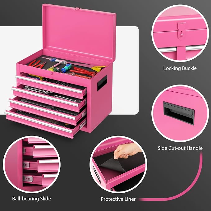 Goplus Pink Tool Chest, 5 Drawers Rolling Tool Cabinet w/Detachable Top Toolbox, Universal Lockable Wheels,Lock Bar,Protective Liner,Tool Rack, Metal Tool Storage Cart, Tool Box for Garage Workshop