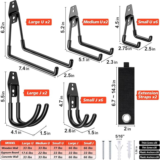 MKRUI 20-Pack Garage Hooks for Storage & Hanging Items, Save Space | Hangs Bikes, Ladders, Ropes, Hoses, Tools; for Garage, Warehouse, Shop, Shed, Yard