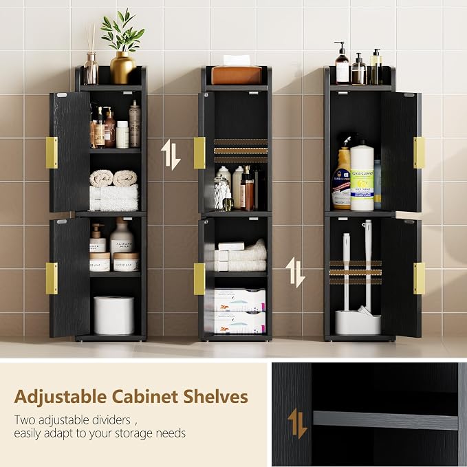Yoobure Small Bathroom Storage Cabinet - Corner Floor Cabinet with 2 Doors & Adjustable Shelves, Narrow Slim Toilet Paper Cabinets, Skinny Bathroom Organizer for Small Space, 7.9" D x 7.9" W, Black