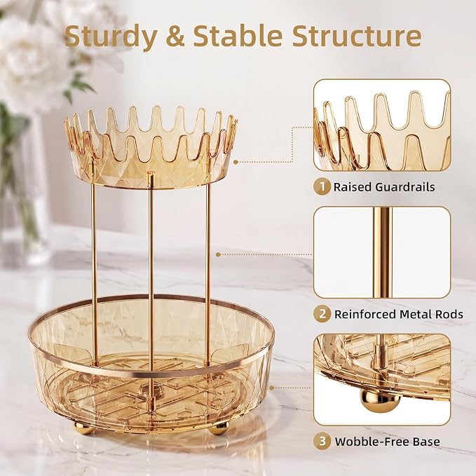 2 Tier Rotating Makeup Organizer for Vanity, Clear Bathroom Counter Organizer, Skincare Organizer and Perfume Organizer, Countertop Cosmetic Storage for Cabinet, Pantry and Kitchen (Gold)