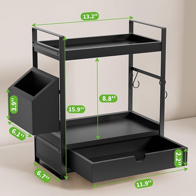 2-Tier Bathroom Counter Organizer, Wooden Vanity Shelf with Drawer & Basket | Pre-Drilled Holes, Skincare & Makeup Countertop Organizer and storage, Black