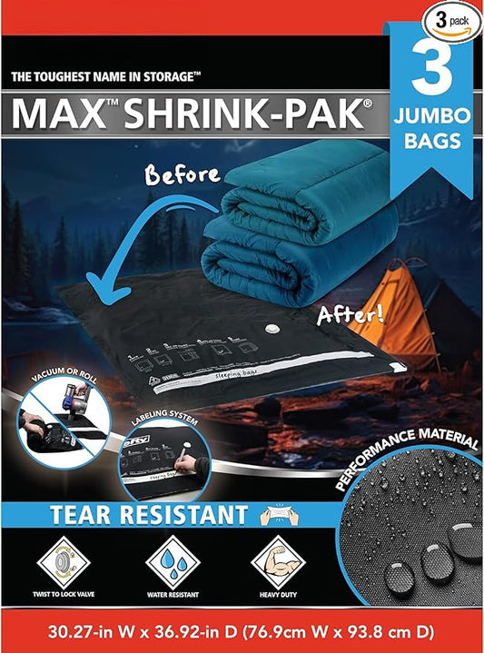 Shrink-Pak Vacuum Seal Storage Bags for Clothing, Travel, Bedding | Tear & Water Resistant, Dual-Valve Space Saver Compression Bags, Pump Included - Jumbo (30x36 Inch), 3-Pack