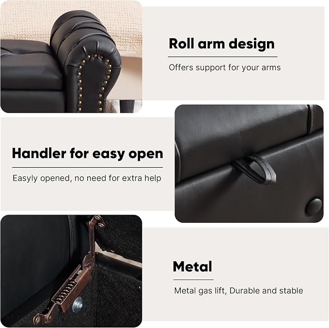 Storage Bench 51" Faux Leather End of Bed Benches Obsidian Black | Queen Size Storage Bench for Bedroom with Rolled Arms Tufted Ottoman Benches Upholstered Bench for Living Room Entryway