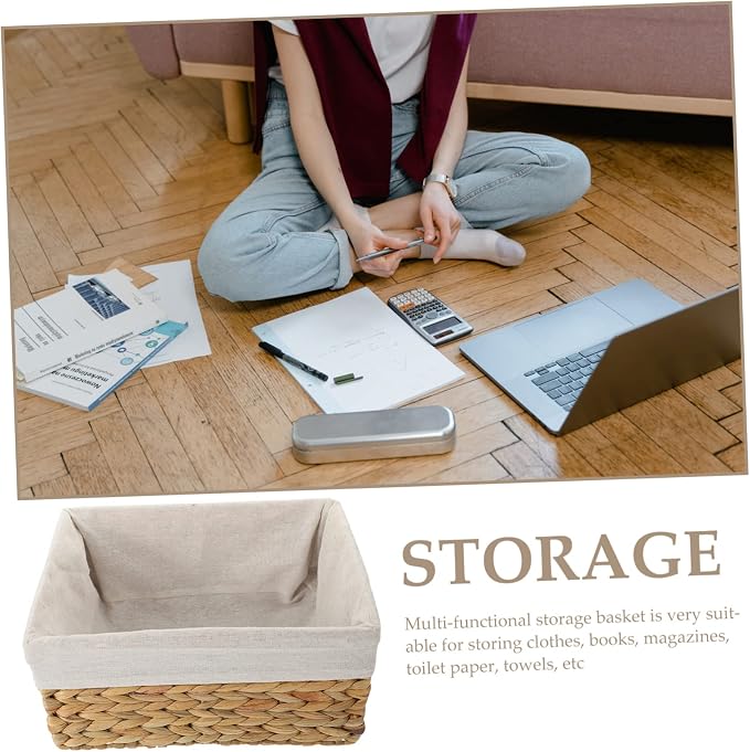 Woven Storage Basket Straw and Fabric Shelf Basket for Books | Desk Top Use, Magazine Holder, Strong Build, Simple Elegant Rustic Look, Home Organizing Accent Piece