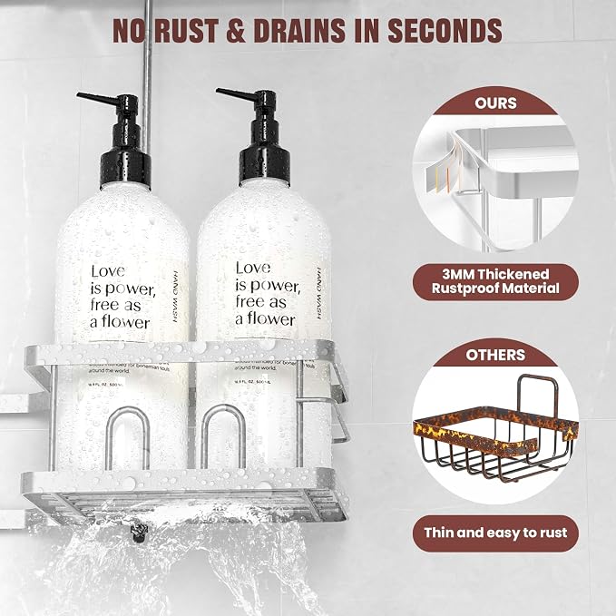 REINHARDT Adjustable Shower Caddy Hanging for Handheld Showerheads, Silver | Patented Shower Organizer, Rustproof, 40lbs Capacity, Anti-Swing, Tool-Free, Suction Cups, 8 Hooks, Soap & Toothbrush Holder