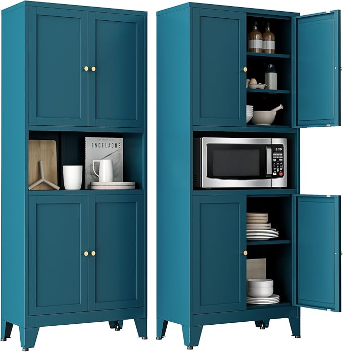 69" Tall Pantry Cabinet with Open Shelf,13.78“Deep By 28" Wide Storage Cabinet with Doors and Adjustable Shelves,Microwave Stand,for Kitchen Dining Room Living Room Bathroom,Teal Blue,1Pc
