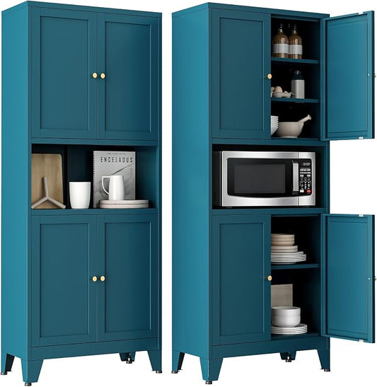 69" Tall Pantry Cabinet with Open Shelf,13.78“Deep By 28" Wide Storage Cabinet with Doors and Adjustable Shelves,Microwave Stand,for Kitchen Dining Room Living Room Bathroom,Teal Blue,1Pc