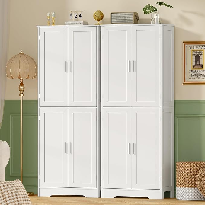 TEENFON 67” Storage Cabinet, Kitchen Pantry Cabinet with 4 Doors and 2 Adjustable Shelves, Cupboard, Tall Bathroom Cabinets for Dining Room, Living Room, White