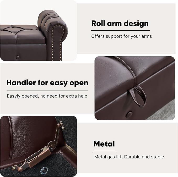 Storage Bench 67" Faux Leather End of Bed Benches Dark Brown | King Size Storage Bench for Bedroom with Rolled Arms Tufted Ottoman Benches Upholstered Bench for Living Room Entryway