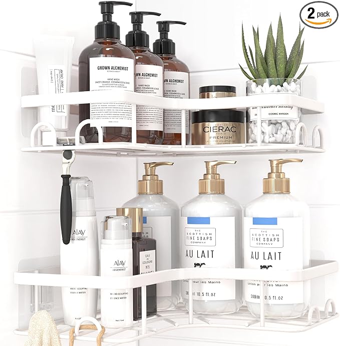 Sakugi Corner Shower Caddy - 2 Pack, Adhesive Shower Organizers, Rustproof Stainless Steel Shower Shelves with 8 Hooks, No Drilling Bathroom Organizers and Storage Racks, Space-Saving, White, Medium