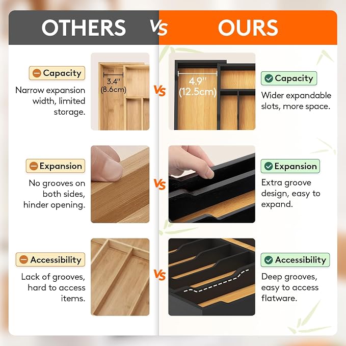 Lifewit Silverware Drawer Organizer, Wooden Utensil Tray for Kitchen | Expandable Flatware and Cutlery Holder, Adjustable Storage for Spoons Forks Knives, 13-22x15", Natural and Black