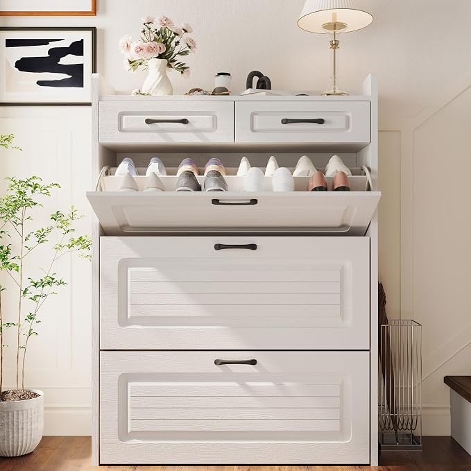 ODUWA Shoe Cabinet with 3 Flip Drawers and 2 Storage Drawers, Shoes Organizer Cabinets with Adjustable Divider, Hidden Shoe Storage Cabinet for Entryway, Hallway, Living Room, White