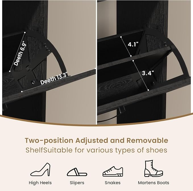 Farmhouse Narrow Shoe Cabinet with 2 Flip Drawers, 23.6" W Black | Freestanding shoe storage cabinet for entryway,foyer and hallway,slim design width and space-saving flip drawers