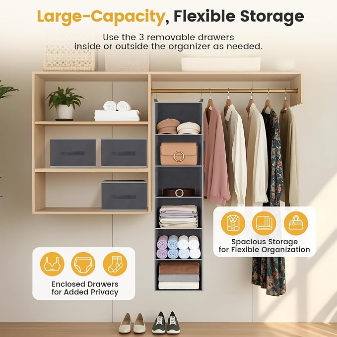 Hanging Closet Organizer 6-Shelf with 3 Drawers & Side Pockets, Closet Organizers and Storage for Dorm, Nursery & Wardrobe Organization, Hanging Shelf Clothes Organizer for Sweaters, Shoes, Gray
