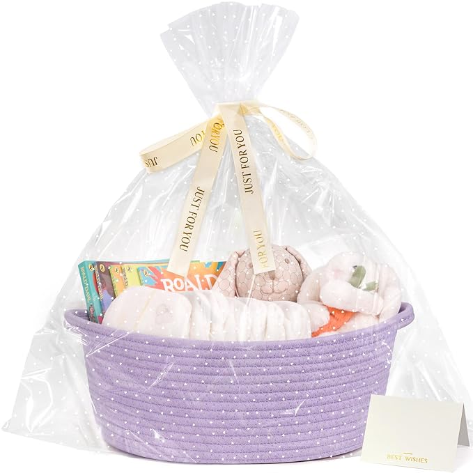 CHICVITA Gift Basket Empty with Bags & Ribbon for Baby Shower, Purple | 12"x 8"x 5" Woven Gift Basket Empty to Fill for Holiday, Rope Baskets for Organizing, Birthday Basket, Dog Toy Basket