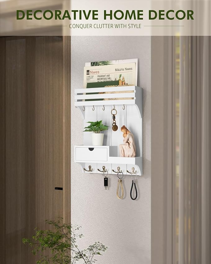 Rebee Vision Key Holder Wall Mount with Drawer & Shelf for Entryway, White | Sturdy Wood, Key Holder for Wall, 9 Sturdy Key Hooks, Wall Shelf, Drawer Organizer, Modern Home Decor, Decorative Storage