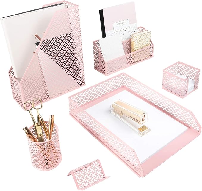 BLU MONACO Pink Desk Organizer Set | 6-Piece Metal Desktop Accessories | Mail Sorter Organizer Countertop | Letter Sorter for Desk | Mesh Pen Holder | Home Office or Dorm