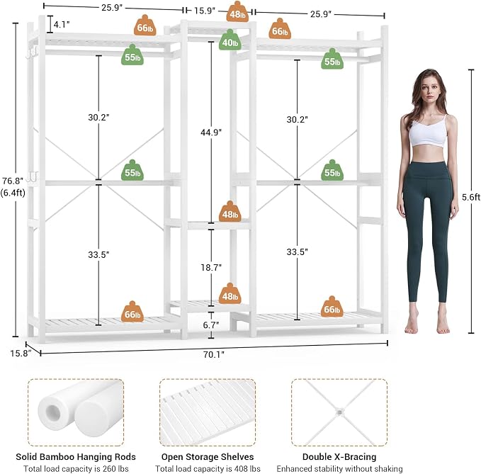 Bamboo Closet System Clothes Rack, Large Freestanding Garment Rack Clothing Rack for Hanging Clothes with 7 Storage Shelves and 5 Rods, Open Wardrobe Organizer with 4 Hooks, White
