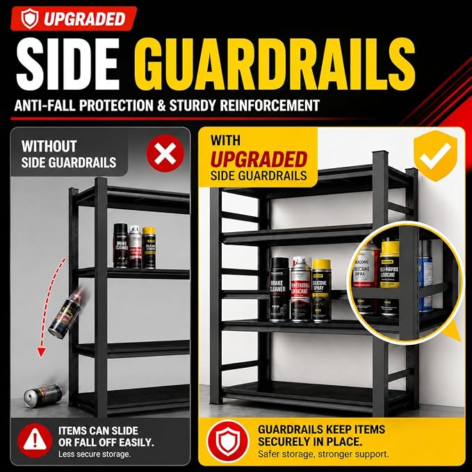 Garage Shelving, 3300 LBS Storage Shelves with Side Guard | 5-Tier Garage Storage Shelves,Adjustable Industrial Shelves with Thickened Double-Layer Posts for Garage 55×45.28×20in