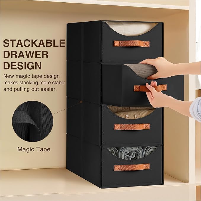 Homsorout Stackable Storage Drawers - Large Collapsible Storage Bins with Drawers, 8 Pack Closet Shelf Organizer Basket, Fabric Pull Out Organizer for Bedroom, Living Room, Dorm, Black