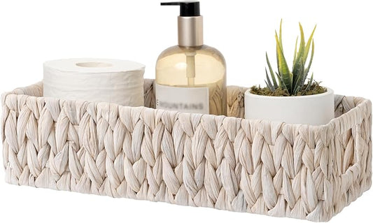 StorageWorks White Wicker Basket for Bathroom, Toilet Organizer Baskets | Small back of Toilet Tray for Decor with Built-in Handles, Water Hyacinth Toilets Paper Basket for Tank Topper